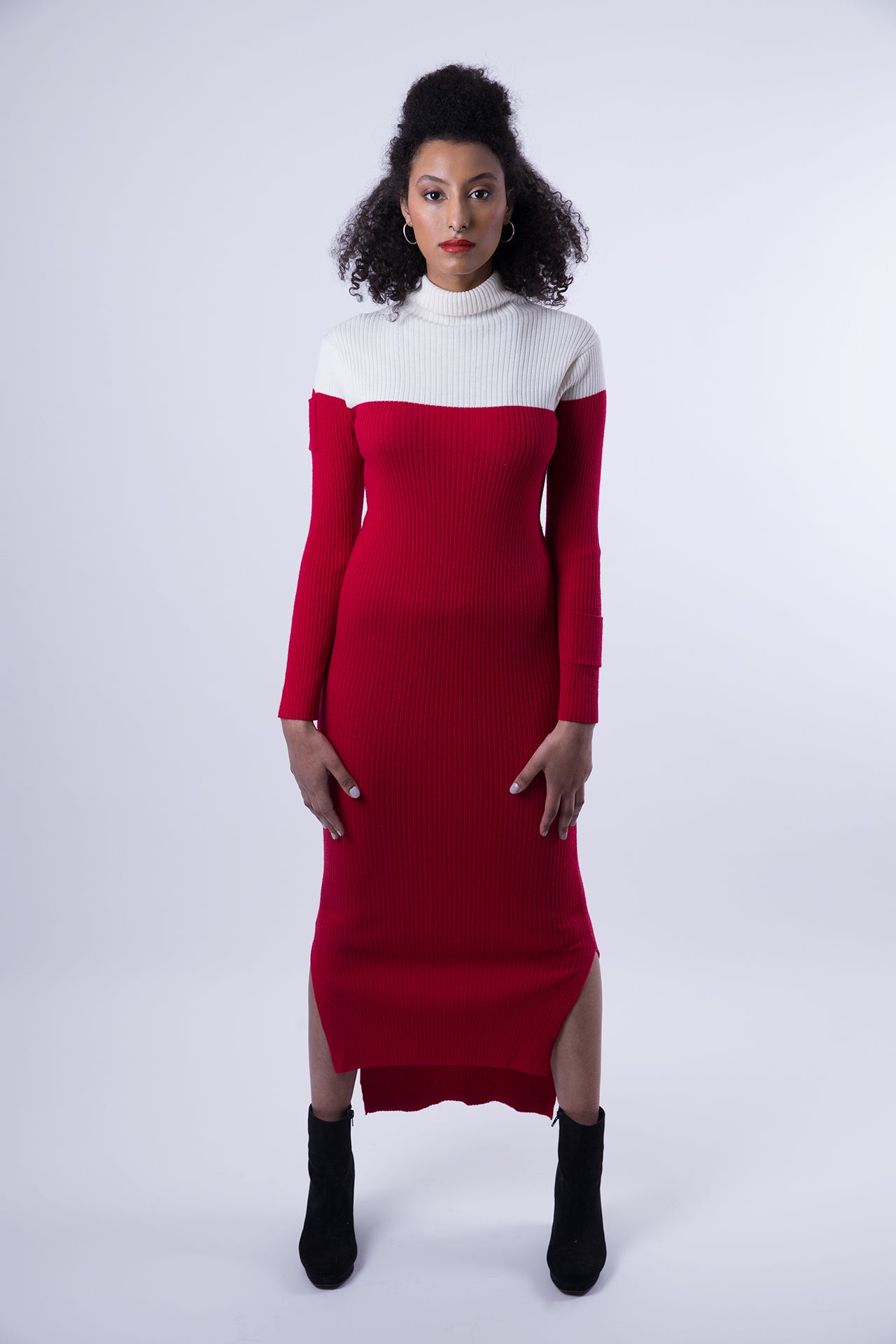 Color-Block Turtleneck Midi Wool Dress