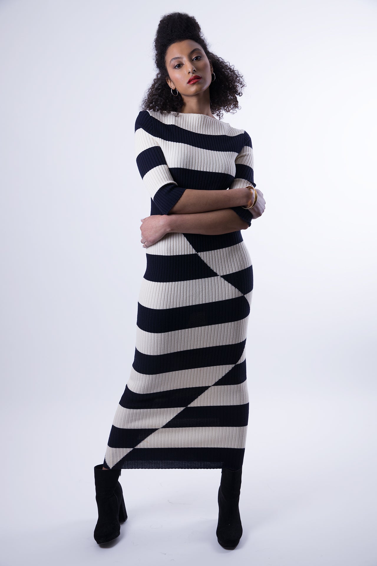 Black and White Stripe Midi Wool Dress