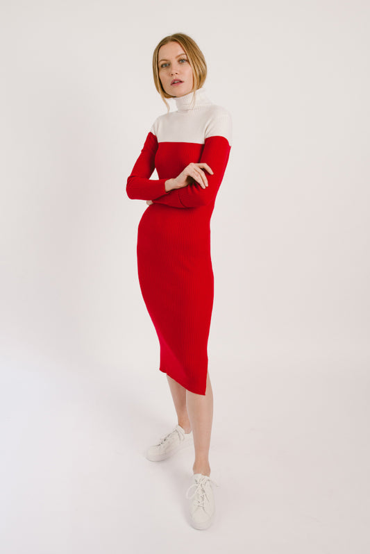 Color-Block Turtleneck Midi Wool Dress